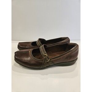 Clarks Collection Brown Leather Mary Jane Flats Cushion Soft Square Toe 9.5 M